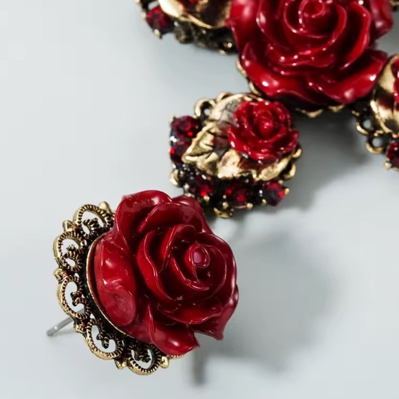 Unique anthropology flora vintage gold Red Rose Cross Earrings - Picture 3 of 10